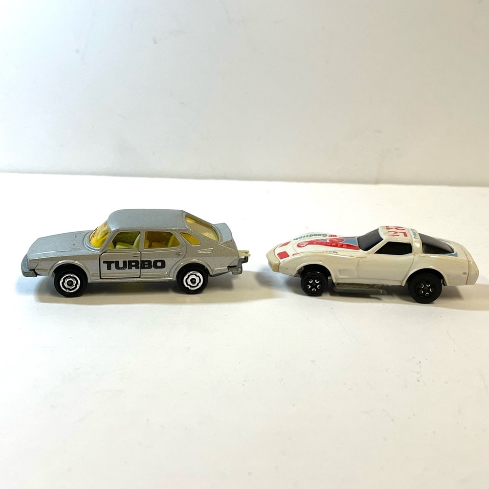 Majorette Saab Turbo No. 284 and KIDCO 1980 Corvette BF Goodrich toy vehicles